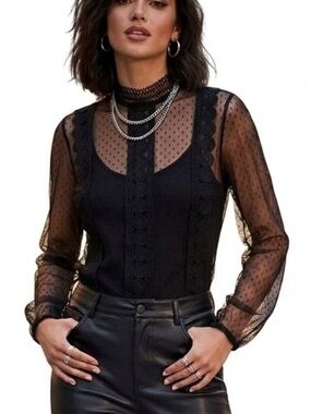Miss Cocoa Sheer Black Lace-Trim Mock Neck Blouse Top Edwardian Steampunk Small